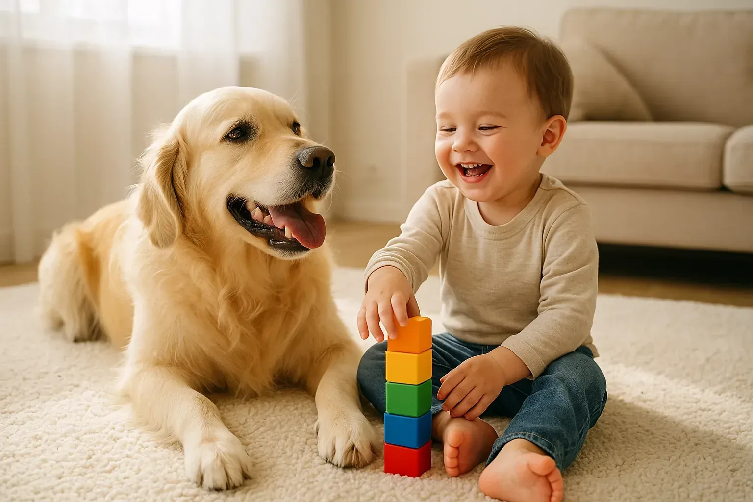 A happy golden retriever dog and a young child playing together on a clean, sunlit carpet, representing a safe home environment.